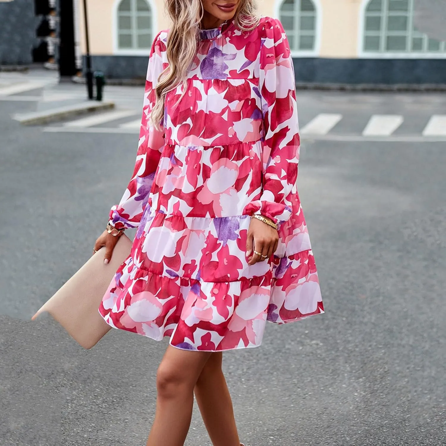 Cute Shift Tunic Dress for Women Ruffle Swing Babydoll Mini Long Sleevee Mini Knee Length Sun Dresses with Pockets