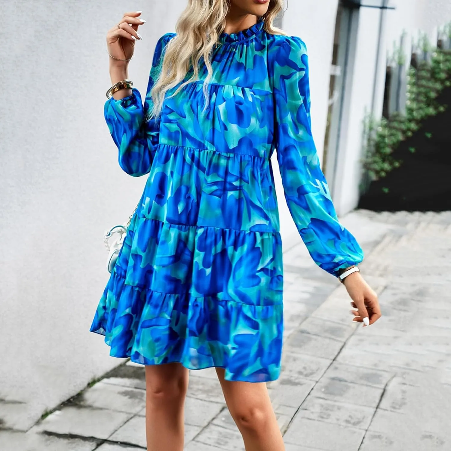Cute Shift Tunic Dress for Women Ruffle Swing Babydoll Mini Long Sleevee Mini Knee Length Sun Dresses with Pockets