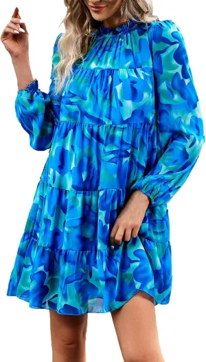 Cute Shift Tunic Dress for Women Ruffle Swing Babydoll Mini Long Sleevee Mini Knee Length Sun Dresses with Pockets