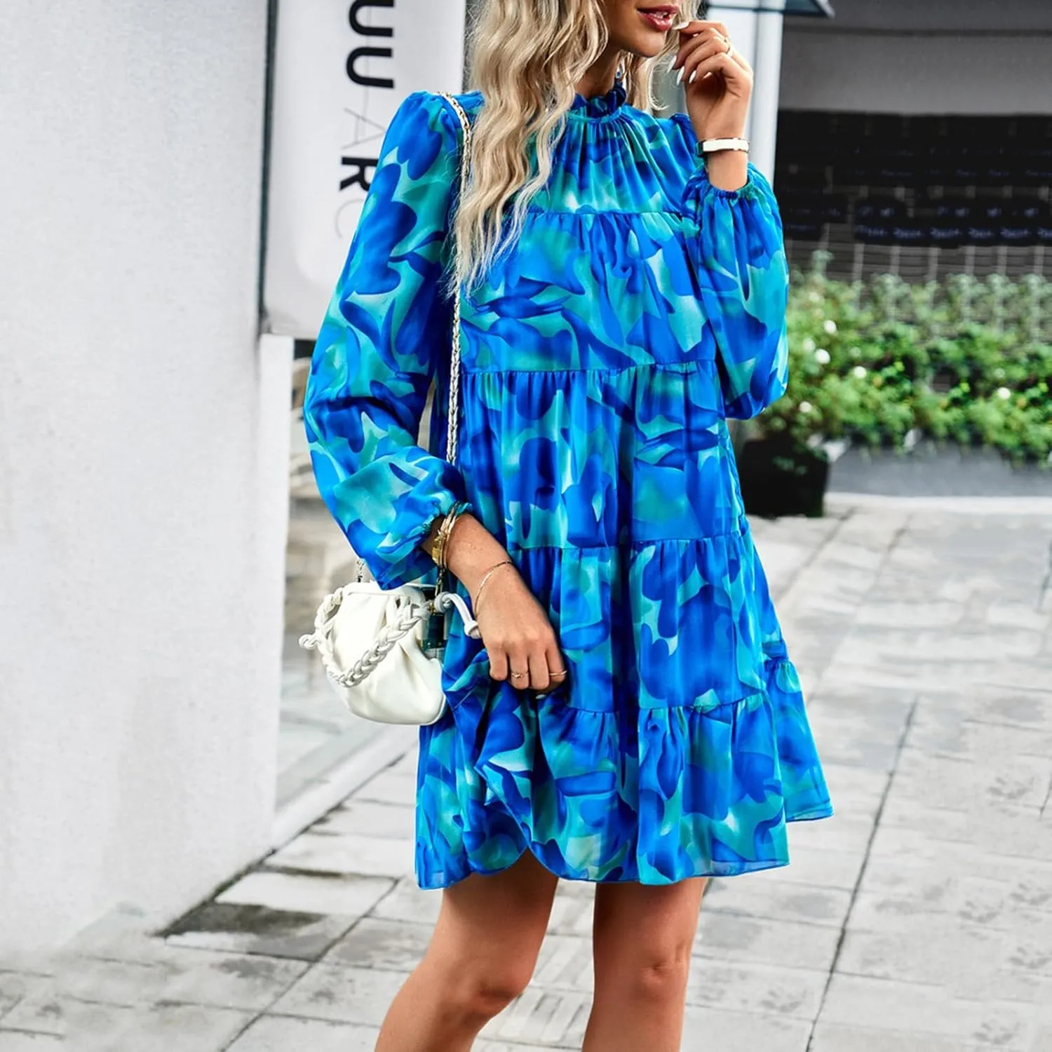 Cute Shift Tunic Dress for Women Ruffle Swing Babydoll Mini Long Sleevee Mini Knee Length Sun Dresses with Pockets