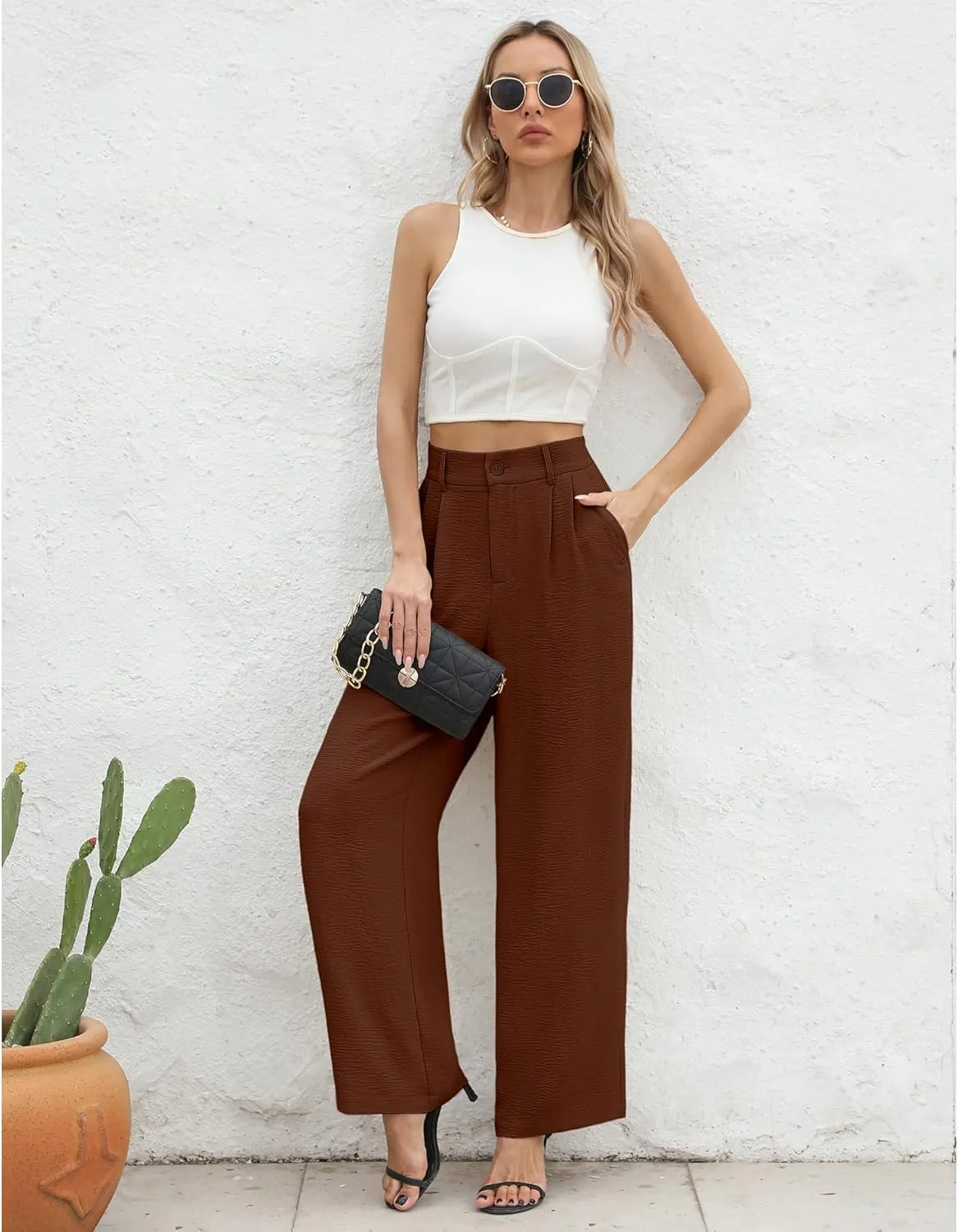 CZYINXIAN Women's Casual High Waisted Wide Leg Pants Flowy Business Work Casual Pants with Pockets