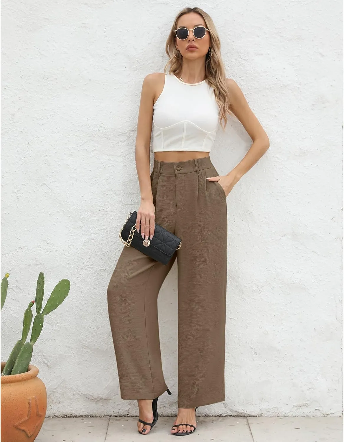 CZYINXIAN Women's Casual High Waisted Wide Leg Pants Flowy Business Work Casual Pants with Pockets