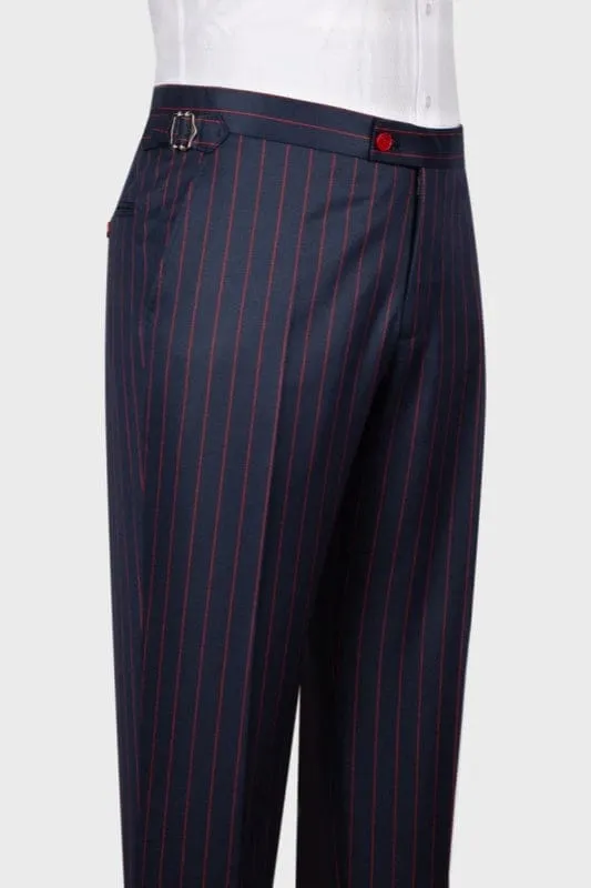 Dark Blue Striped Peaked Lapel Three Pieces Suit Wedding One Button Business Suits