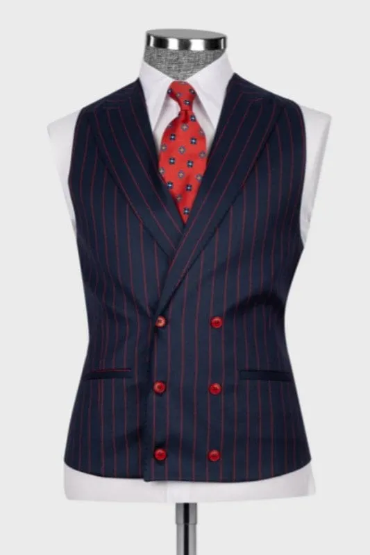 Dark Blue Striped Peaked Lapel Three Pieces Suit Wedding One Button Business Suits