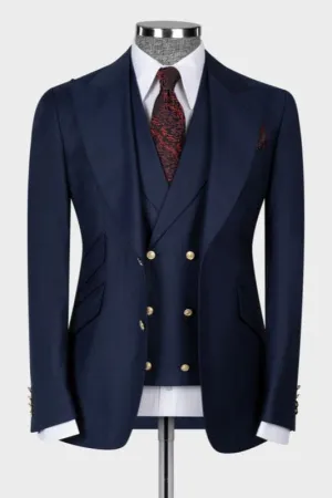 Dark Navy Three Pieces Business Suits Peaked Lapel Slim Fit Prom Suits