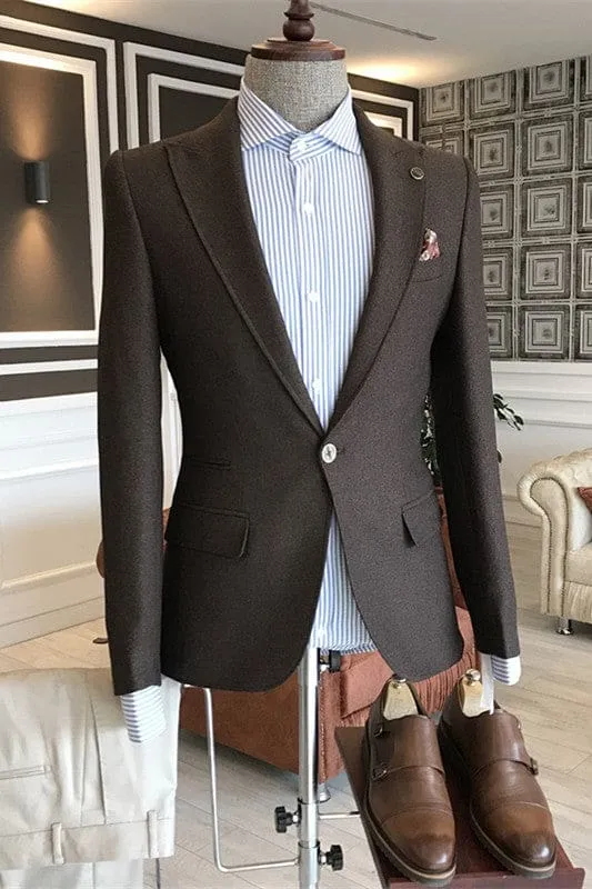 Deep Brown Peaked Lapel Men Business Suits One Button Wedding Suits