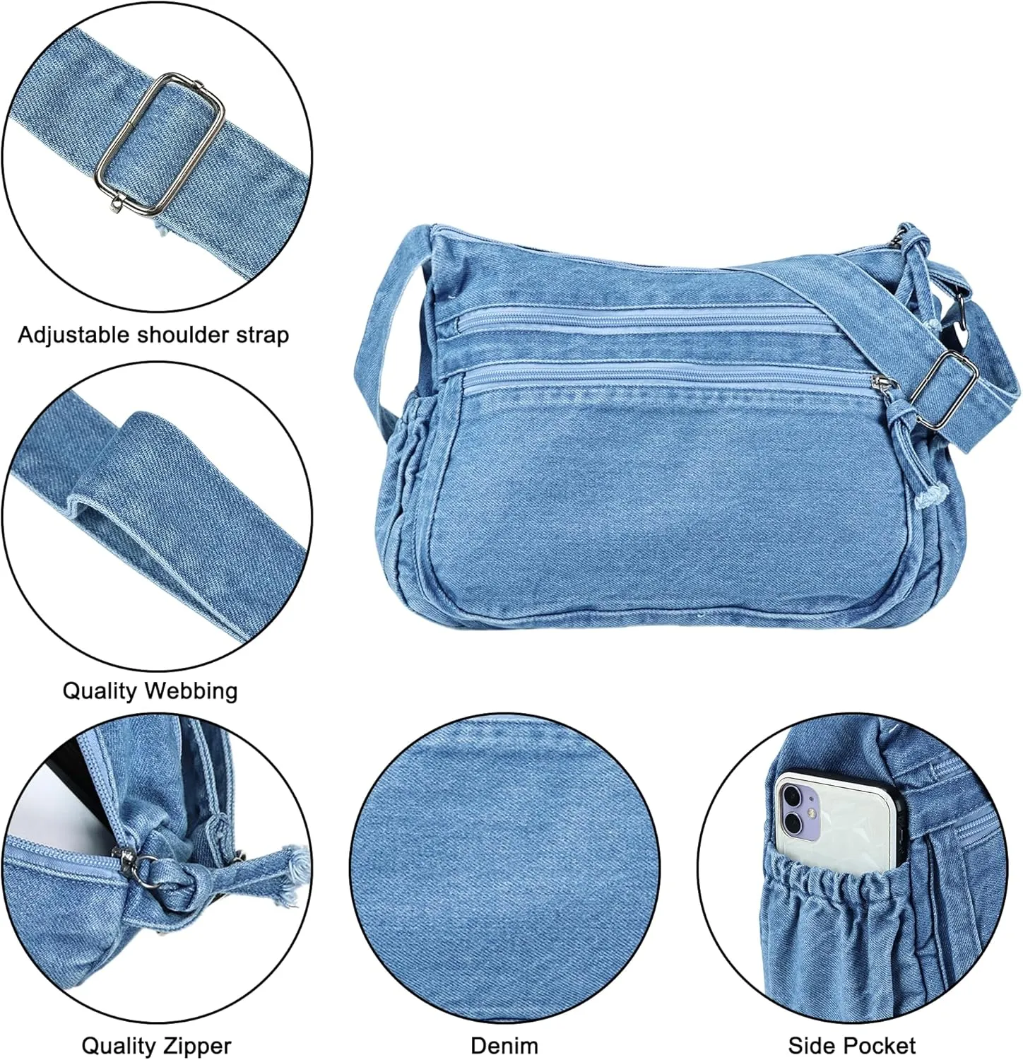 Denim Purse for Women Jean Crossbody Handbags Shoulder Casual Retro Style Lightweight Tote Bag