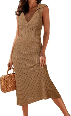 Dokotoo Womens Swimsuit Cover Ups 2024 Summer V Neck Lapel Sleeveless Crochet Knit Hollow Out Beach Coverup Midi Dress