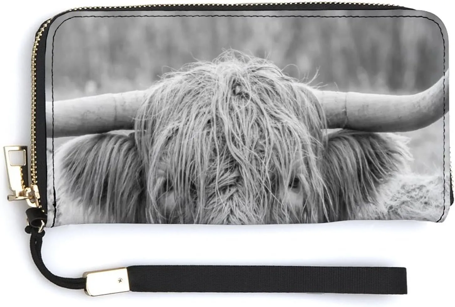 Donnapink Grey Highland Cow Black White Vintage Retro Style Long Clutch Wallet, Long Handbag with Removable Wristlet Strap, PU Leather Zip Purse, Credit Pass Case Card-Holder for Men Women