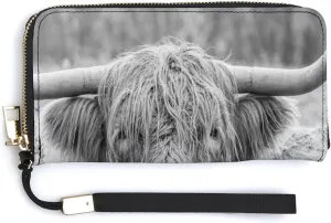 Donnapink Grey Highland Cow Black White Vintage Retro Style Long Clutch Wallet, Long Handbag with Removable Wristlet Strap, PU Leather Zip Purse, Credit Pass Case Card-Holder for Men Women