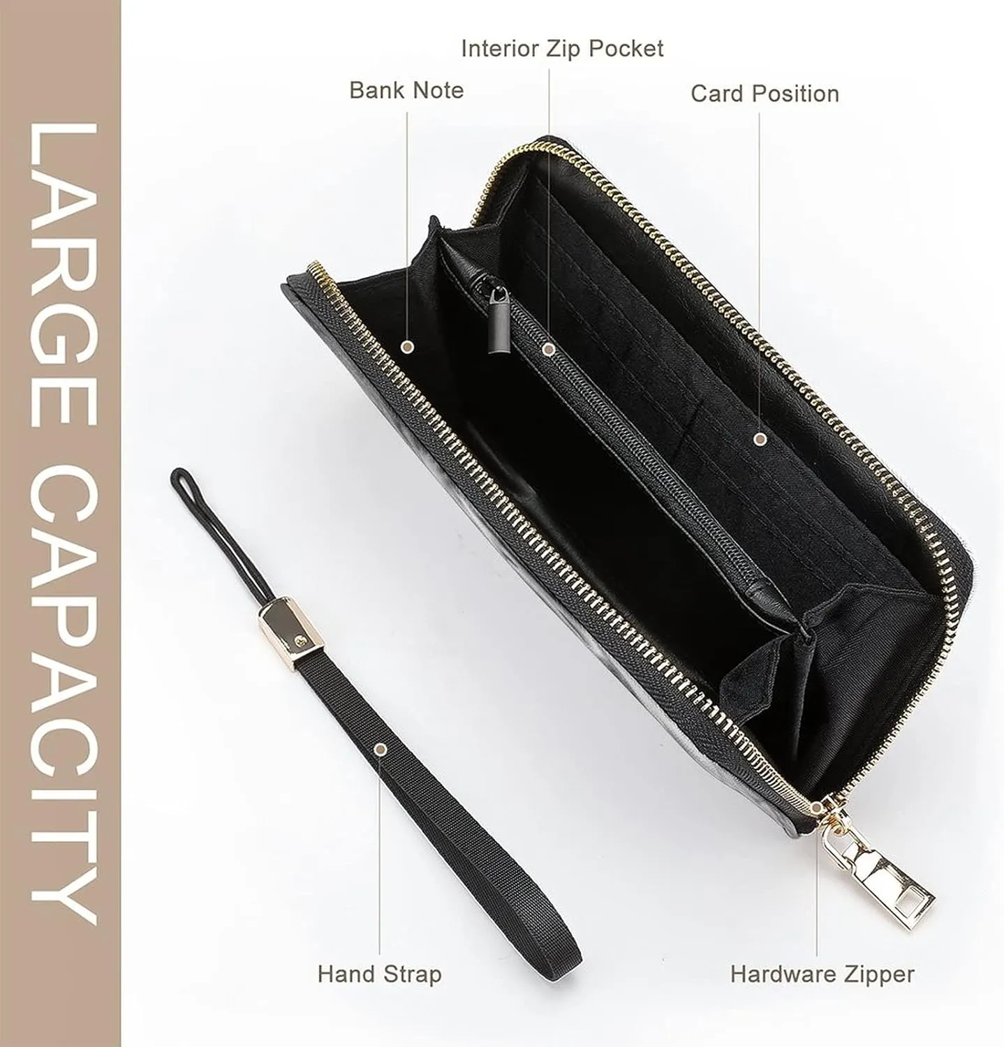 Donnapink Grey Highland Cow Black White Vintage Retro Style Long Clutch Wallet, Long Handbag with Removable Wristlet Strap, PU Leather Zip Purse, Credit Pass Case Card-Holder for Men Women