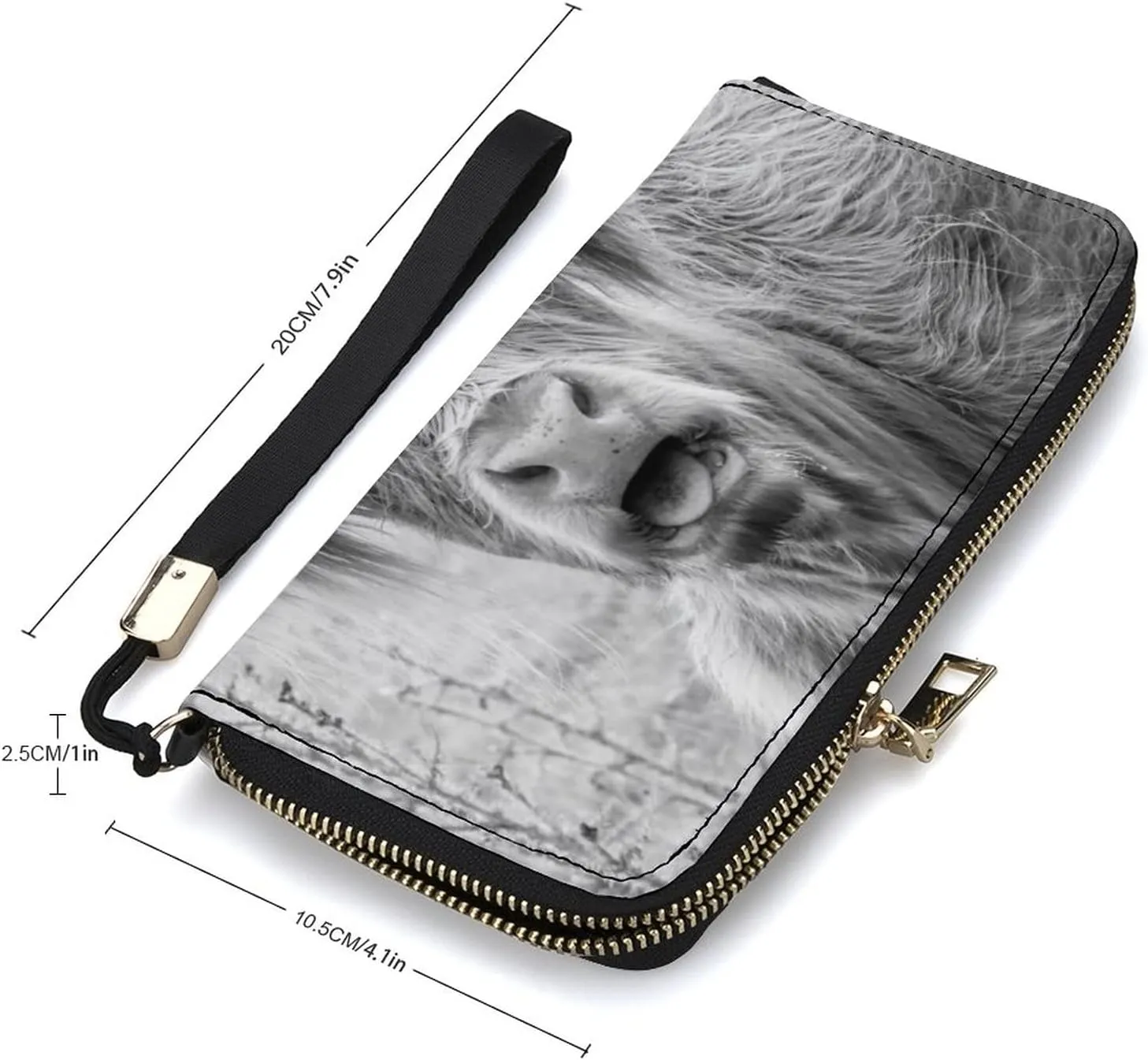 Donnapink Grey Highland Cow Black White Vintage Retro Style Long Clutch Wallet, Long Handbag with Removable Wristlet Strap, PU Leather Zip Purse, Credit Pass Case Card-Holder for Men Women