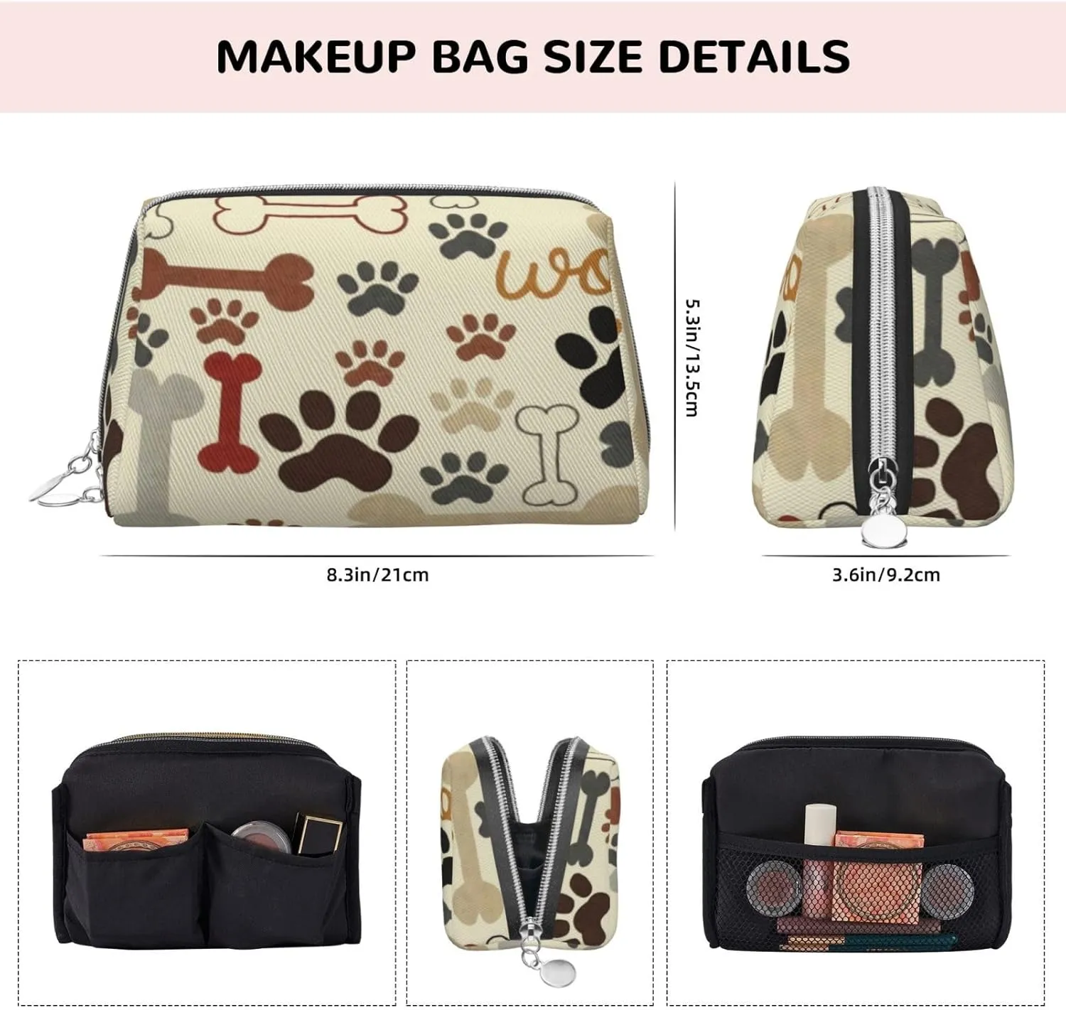 Dots Design,Leather Large Makeup Bag Zipper Pouch,Color Dots on Dark Retro Style,Travel Cosmetic Organizer for Women and Girls,Dark Blue,M
