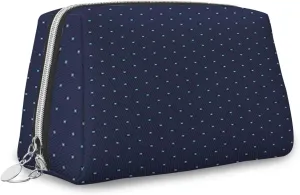 Dots Design,Leather Large Makeup Bag Zipper Pouch,Color Dots on Dark Retro Style,Travel Cosmetic Organizer for Women and Girls,Dark Blue,M