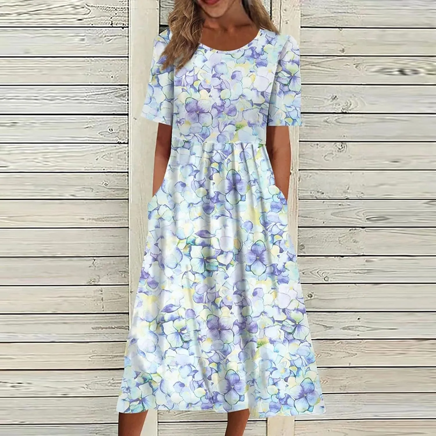 Dresses for Women 2023 Fashion High Waist Printed Short Sleeve Dress Casual Loose Round Neck Pleated Pocket Dress