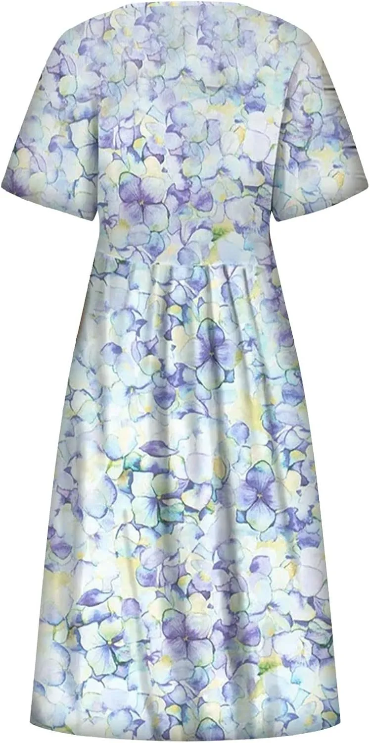 Dresses for Women 2023 Fashion High Waist Printed Short Sleeve Dress Casual Loose Round Neck Pleated Pocket Dress