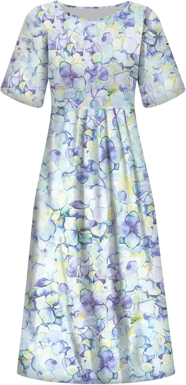 Dresses for Women 2023 Fashion High Waist Printed Short Sleeve Dress Casual Loose Round Neck Pleated Pocket Dress