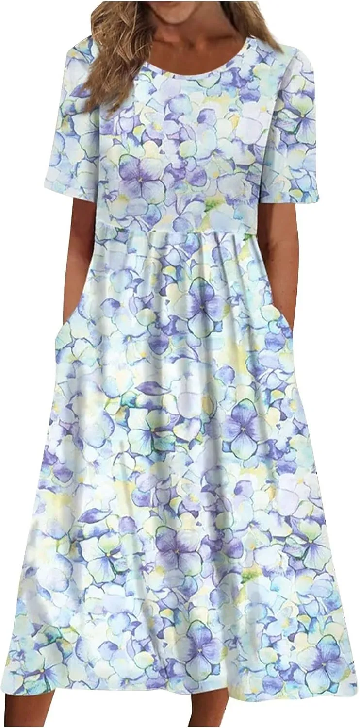 Dresses for Women 2023 Fashion High Waist Printed Short Sleeve Dress Casual Loose Round Neck Pleated Pocket Dress