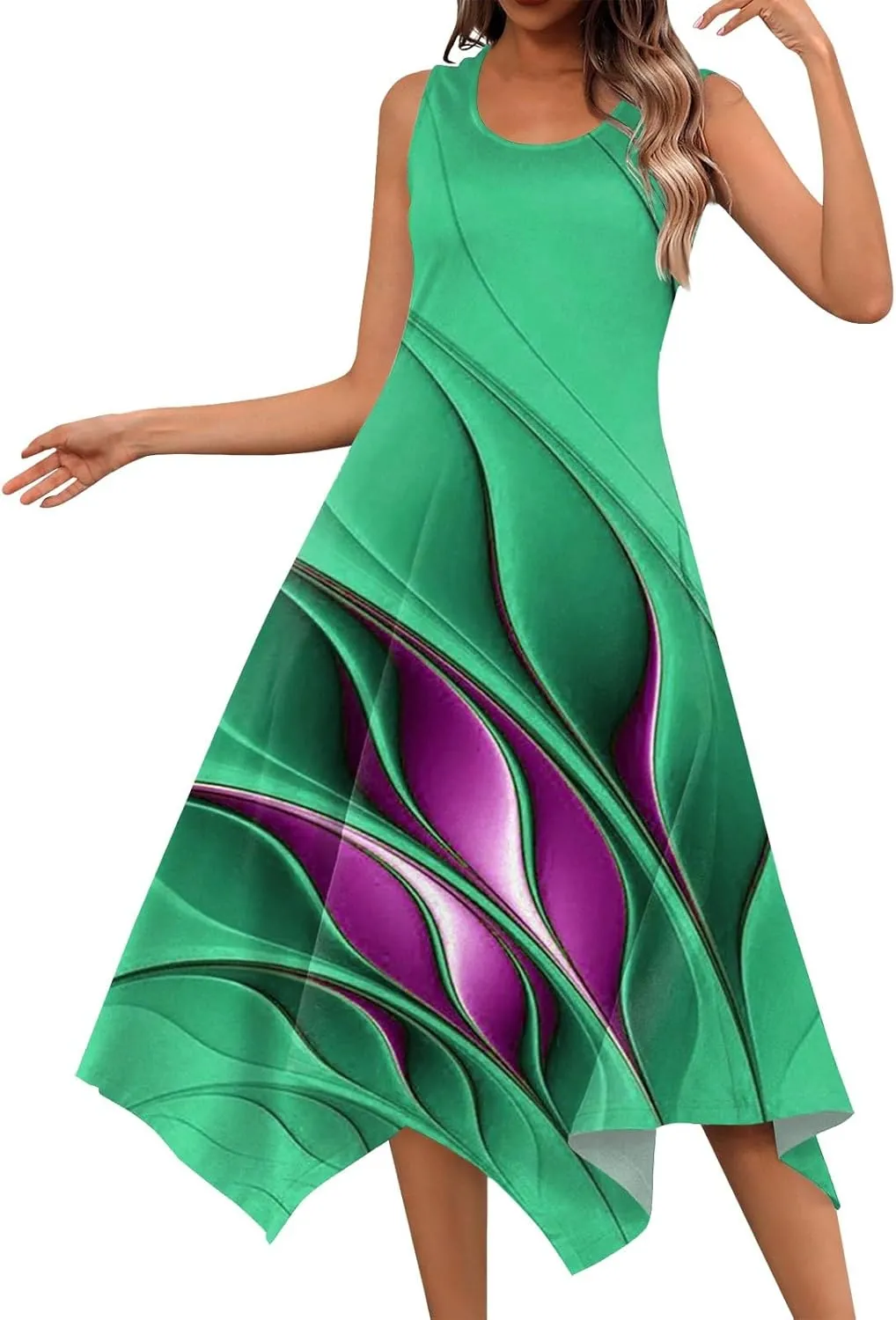 Dresses for Women 2025 Floral Print Flowy Tank Dress Hankerchief Hem Sleeveless Sundress Crewneck Beach Dress