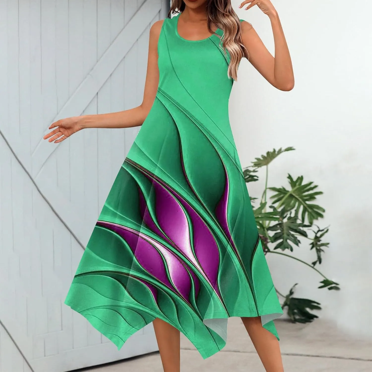 Dresses for Women 2025 Floral Print Flowy Tank Dress Hankerchief Hem Sleeveless Sundress Crewneck Beach Dress