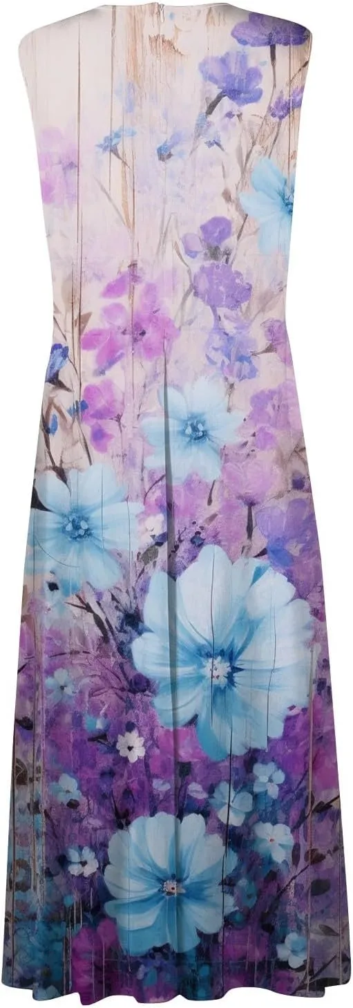 Dresses for Women 2025 Sleeveless Wrap V Neck Beach Dress Flowy Ruched Floral Print Sundress Trendy Maxi Dress