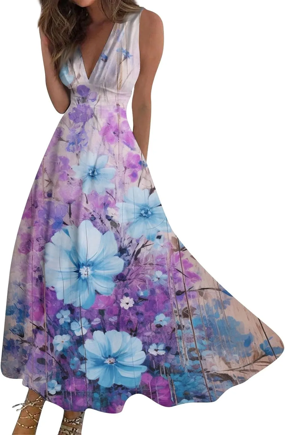 Dresses for Women 2025 Sleeveless Wrap V Neck Beach Dress Flowy Ruched Floral Print Sundress Trendy Maxi Dress