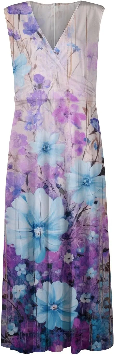 Dresses for Women 2025 Sleeveless Wrap V Neck Beach Dress Flowy Ruched Floral Print Sundress Trendy Maxi Dress