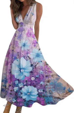Dresses for Women 2025 Sleeveless Wrap V Neck Beach Dress Flowy Ruched Floral Print Sundress Trendy Maxi Dress