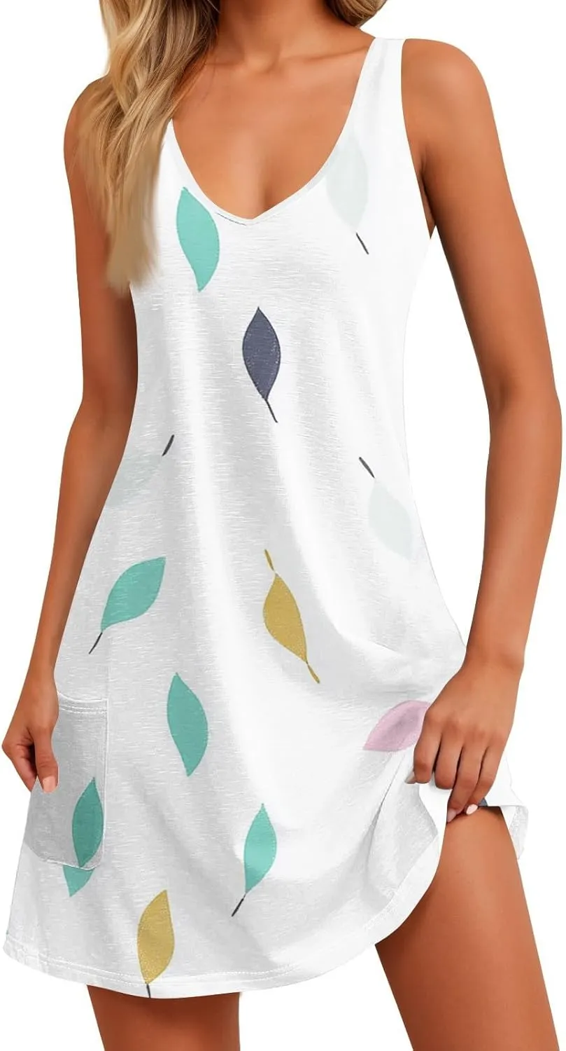 Dresses for Women 2025 V Neck Sleeveless Mini Dresses Floral Print Tank Dresses Loose Sundresses Beach Cover Ups