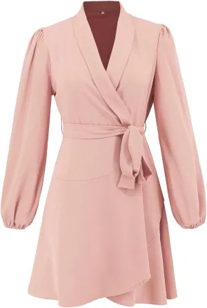 Dresses for Women Solid Color Round Neck Shrunken Pleat Satin Waist Long Lantern Sleeve Elastic Waist Fashion Dress