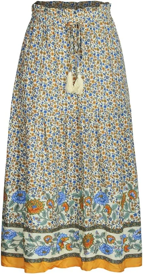 ebossy Women's Drawstring High Waist Boho Floral Ruffled Long Skirt A-line Tassel Swing Beach Party Maxi Skirt