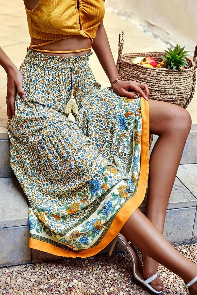 ebossy Women's Drawstring High Waist Boho Floral Ruffled Long Skirt A-line Tassel Swing Beach Party Maxi Skirt
