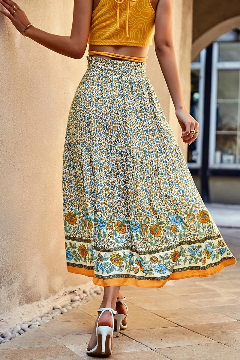 ebossy Women's Drawstring High Waist Boho Floral Ruffled Long Skirt A-line Tassel Swing Beach Party Maxi Skirt