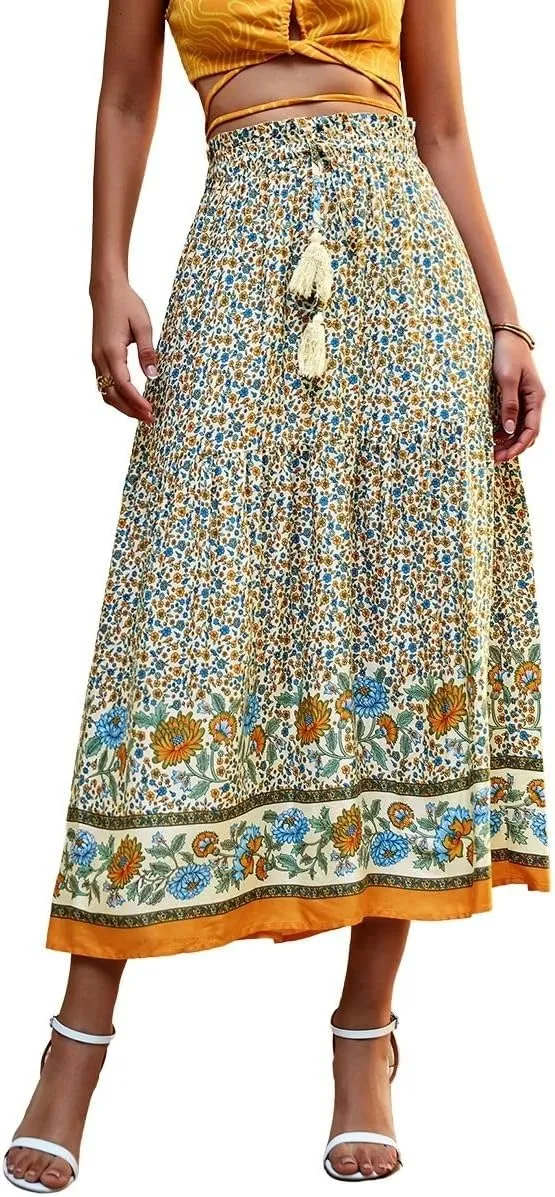 ebossy Women's Drawstring High Waist Boho Floral Ruffled Long Skirt A-line Tassel Swing Beach Party Maxi Skirt