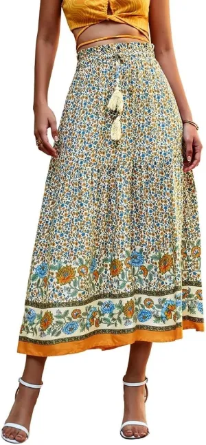 ebossy Women's Drawstring High Waist Boho Floral Ruffled Long Skirt A-line Tassel Swing Beach Party Maxi Skirt