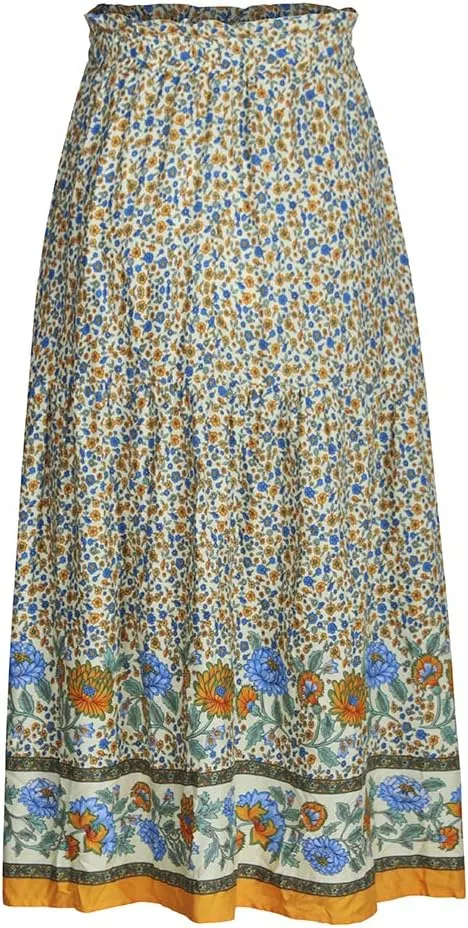 ebossy Women's Drawstring High Waist Boho Floral Ruffled Long Skirt A-line Tassel Swing Beach Party Maxi Skirt