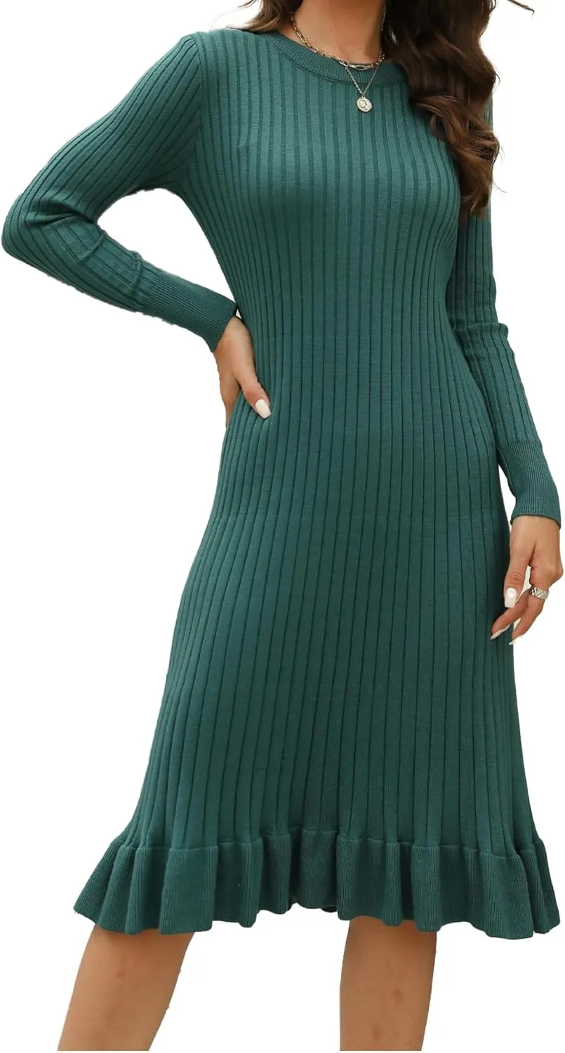 ECDAHICC Women's Sexy Ribbed Knit Sweater Dress Casual Long Sleeve V Neck Bodycon Pleated A Line Long Dress Streetwear
