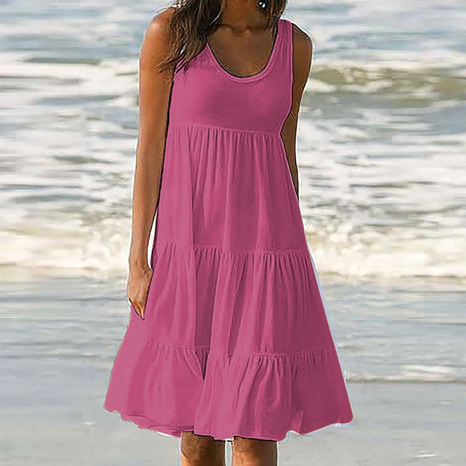 Eduavar Mini Dresses for Women, Vacation Dresses for Women 2024 Casual Loose Solid Color Sleeveless Round Neck Mini Sundress