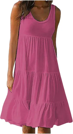 Eduavar Mini Dresses for Women, Vacation Dresses for Women 2024 Casual Loose Solid Color Sleeveless Round Neck Mini Sundress