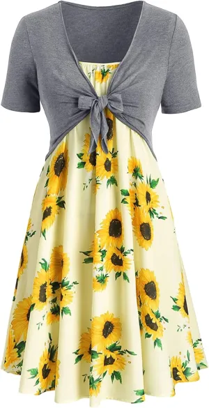 Eduavar Summer Dresses for Women 2024, Boho Dresses for Women 2024 Short Sleeve Bow-Knot Tops Sunflower Print Midi Dress