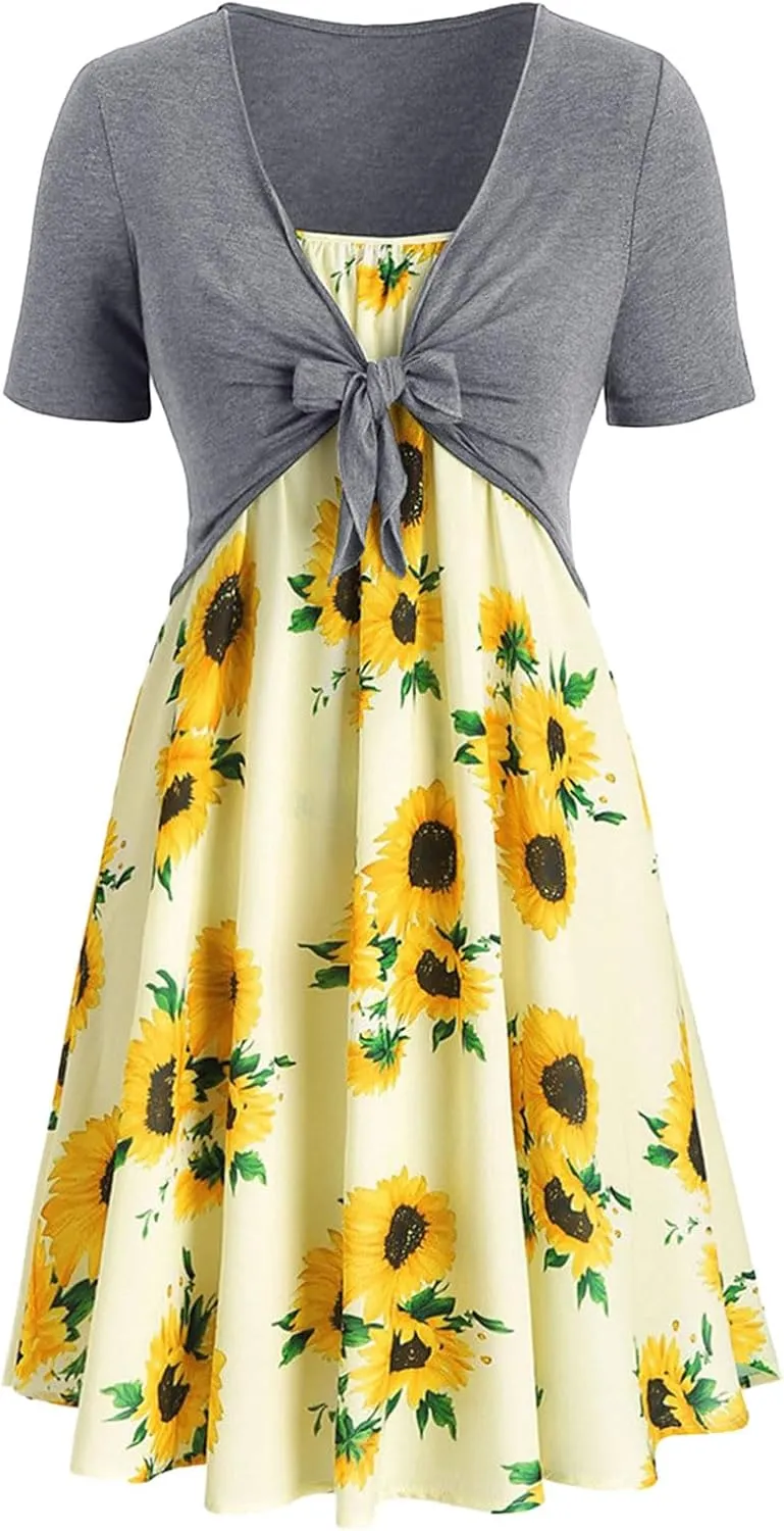 Eduavar Summer Dresses for Women 2024, Boho Dresses for Women 2024 Short Sleeve Bow-Knot Tops Sunflower Print Midi Dress