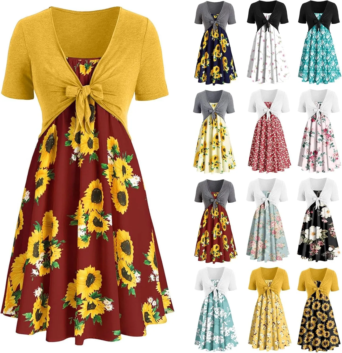 Eduavar Summer Dresses for Women 2024, Boho Dresses for Women 2024 Short Sleeve Bow-Knot Tops Sunflower Print Midi Dress