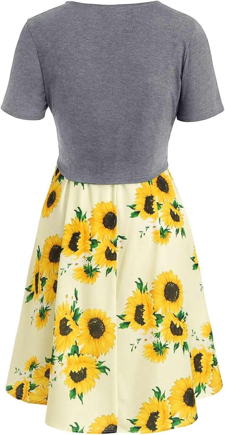 Eduavar Summer Dresses for Women 2024, Boho Dresses for Women 2024 Short Sleeve Bow-Knot Tops Sunflower Print Midi Dress