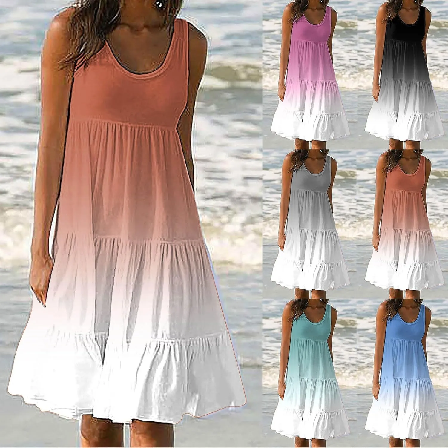 Eduavar Summer Dresses for Women 2024, Casual Summer Dresses for Women Gradient Print Sleeveless Round Neck Mini Dress