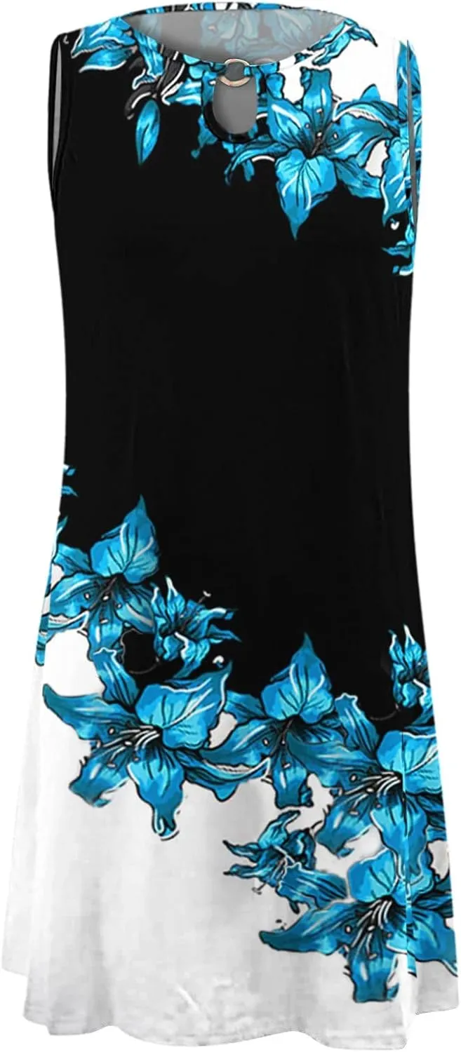 Eduavar Summer Dresses for Women 2024, Mini Dresses for Women Summer Floral Print Sleeveless Crew Neck Beach Tank Dress