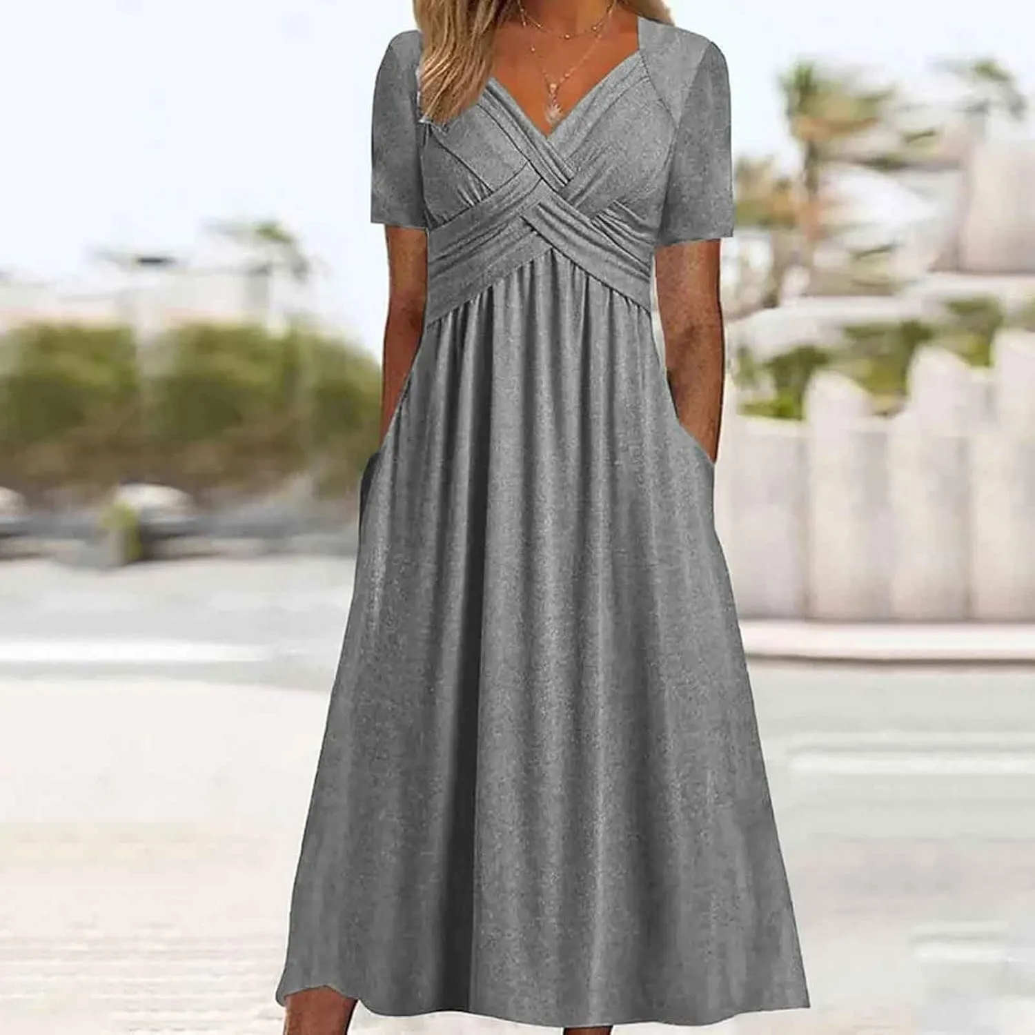 Eduavar Summer Dresses for Women, Maxi Dress for Women Dressy Elegant Short Sleeve V Neck Floral Dress with Drawstring