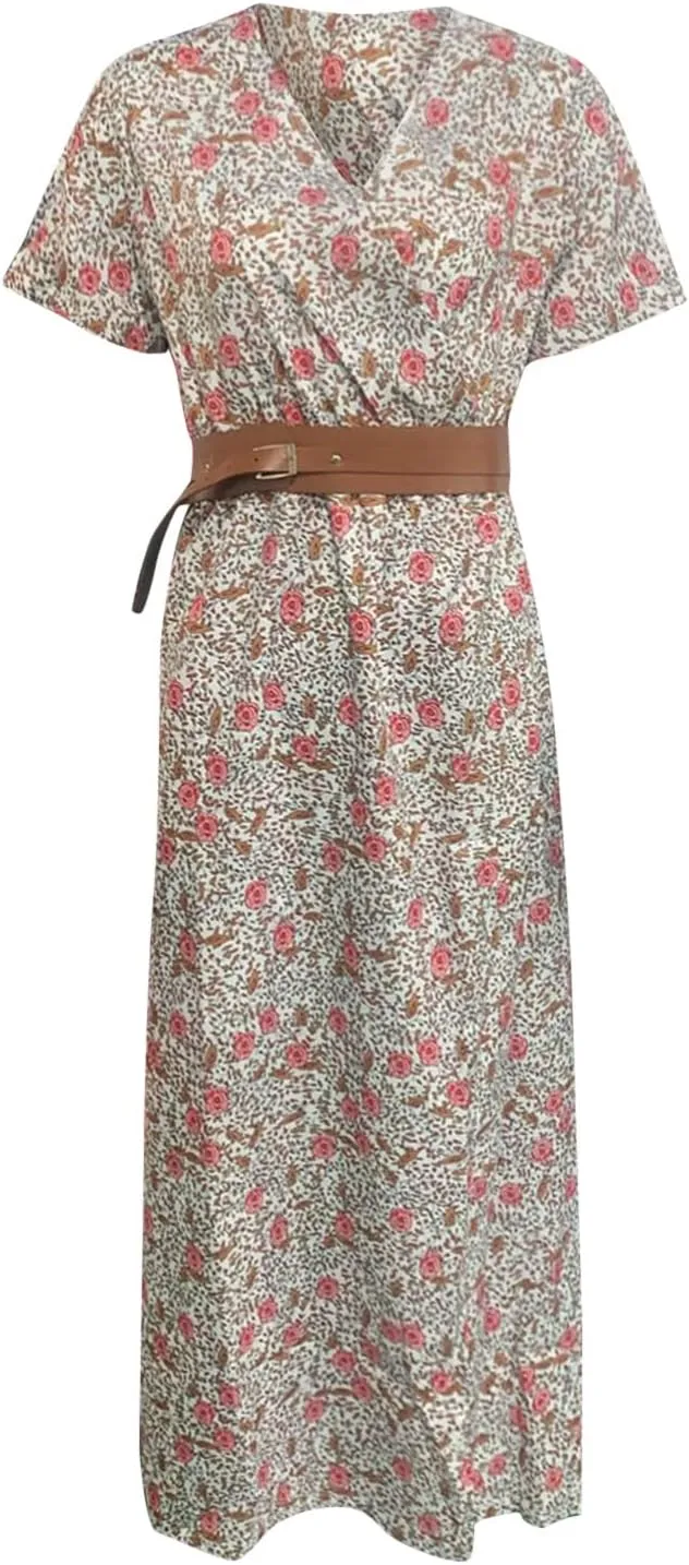 Eduavar Summer Dresses for Women, Maxi Dress for Women Dressy Elegant Short Sleeve V Neck Floral Dress with Drawstring