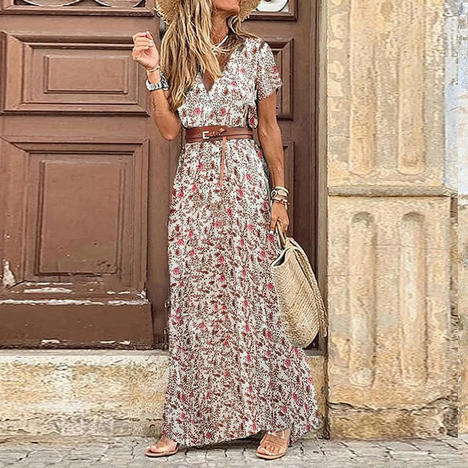 Eduavar Summer Dresses for Women, Maxi Dress for Women Dressy Elegant Short Sleeve V Neck Floral Dress with Drawstring