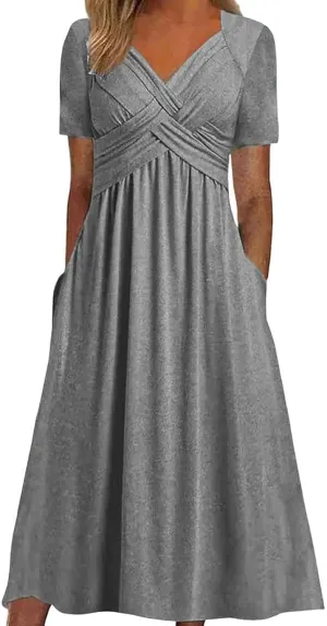 Eduavar Summer Dresses for Women, Maxi Dress for Women Dressy Elegant Short Sleeve V Neck Floral Dress with Drawstring