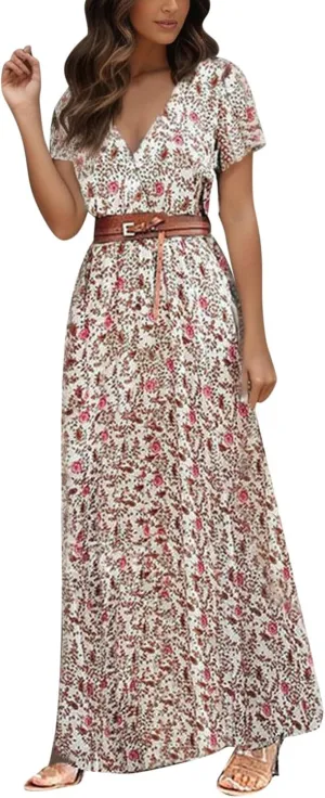 Eduavar Summer Dresses for Women, Maxi Dress for Women Dressy Elegant Short Sleeve V Neck Floral Dress with Drawstring